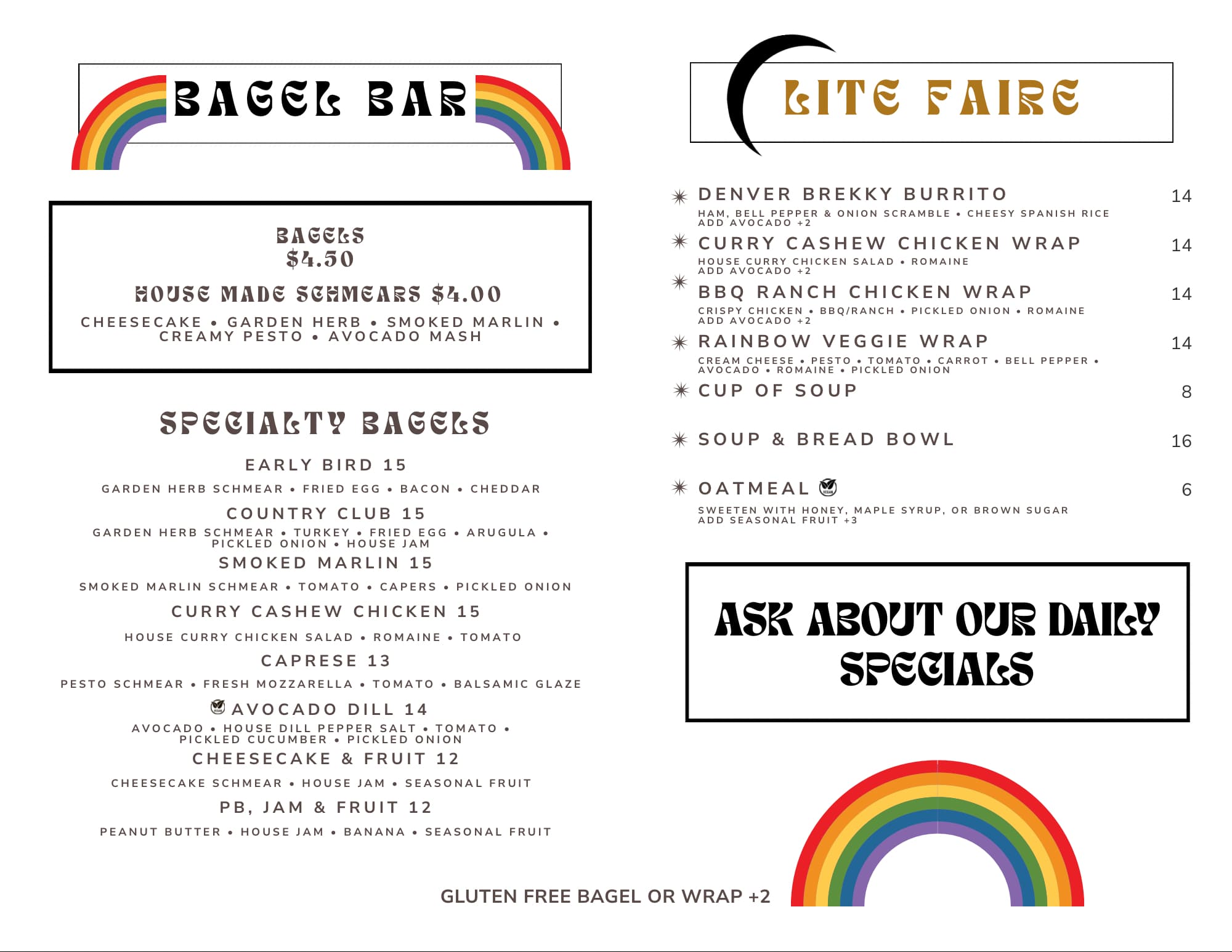 Printed Bagel Bar menu with the full list of bagel combinations and prices