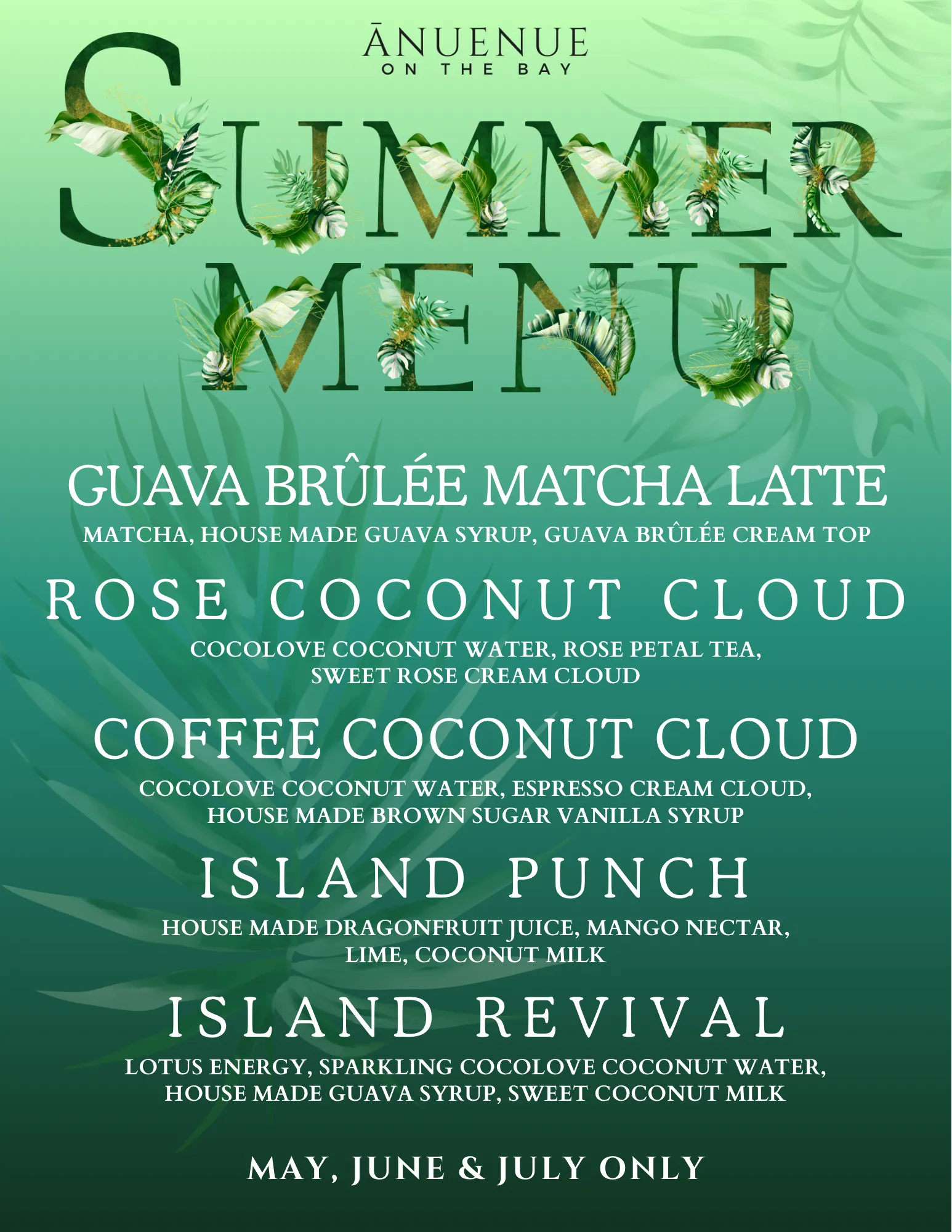 Ānuenue's printed summer drink menu, green and botanical, listing the seasonal pours