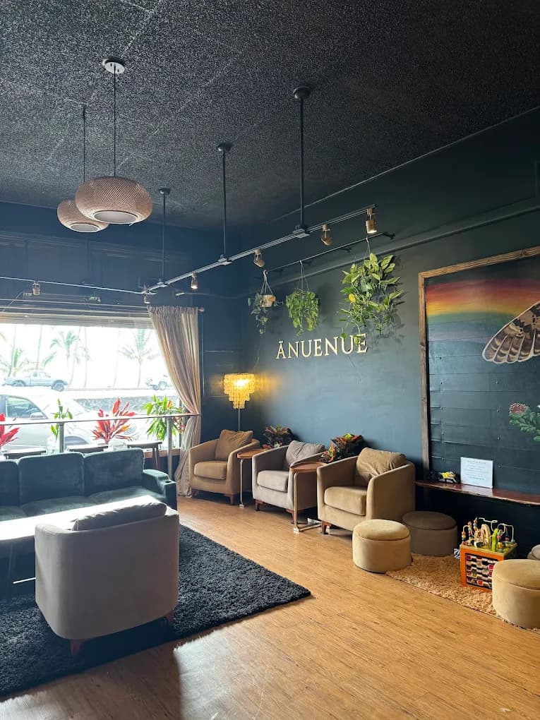 The Ānuenue lounge in daylight: teal walls, brass lettering, potted plants, and armchairs by the windows